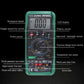 Green digital multimeter close-up with LCD display, switches, and ports