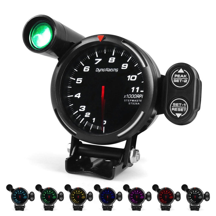 Black 80mm LED tachometer gauge with green backlit dial, red needle, and mounting bracket