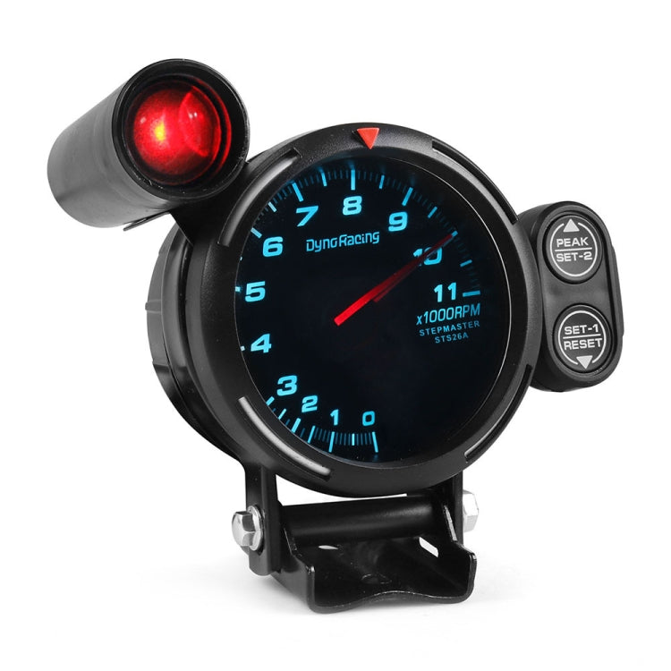 Black LED tachometer gauge with blue backlit dial, red needle, red sensor housing, remote buttons