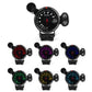 Set of LED tachometer gauges with multicolor backlit dials and small remote buttons