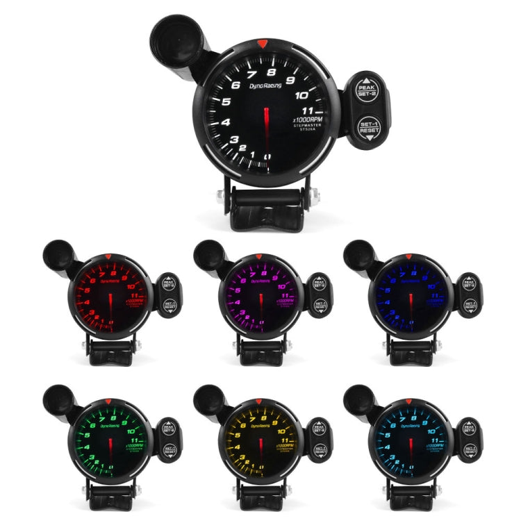 Set of LED tachometer gauges with multicolor backlit dials and small remote buttons