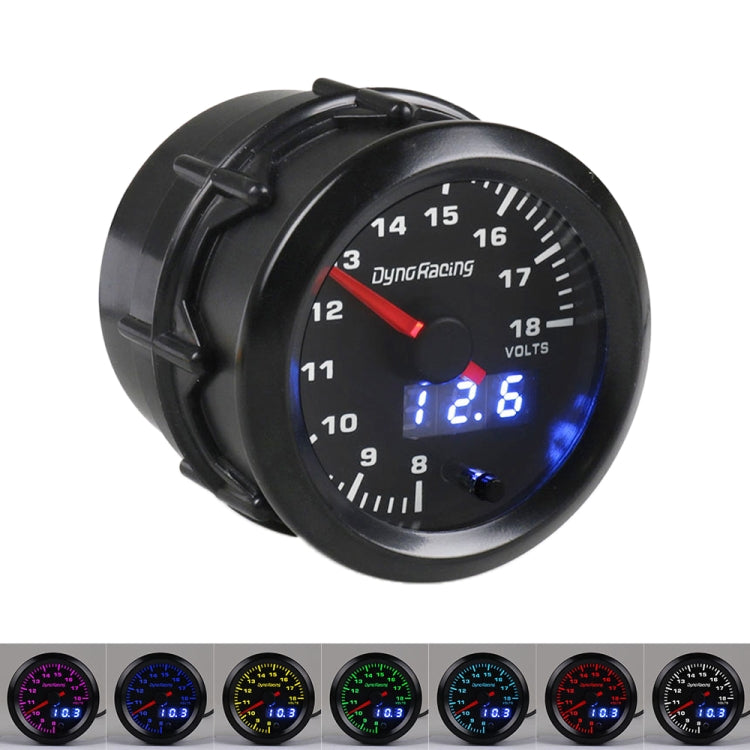 52mm car voltmeter gauge with black bezel, needle, and blue LED display reading 12.8
