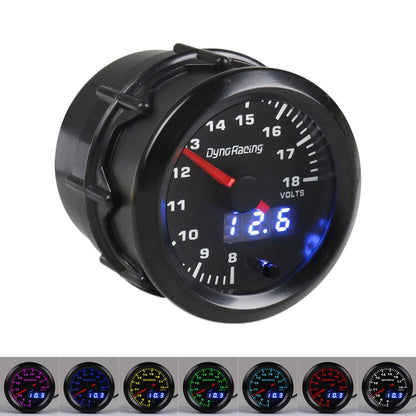 52mm car voltmeter gauge with black bezel, needle, and blue LED display reading 12.8