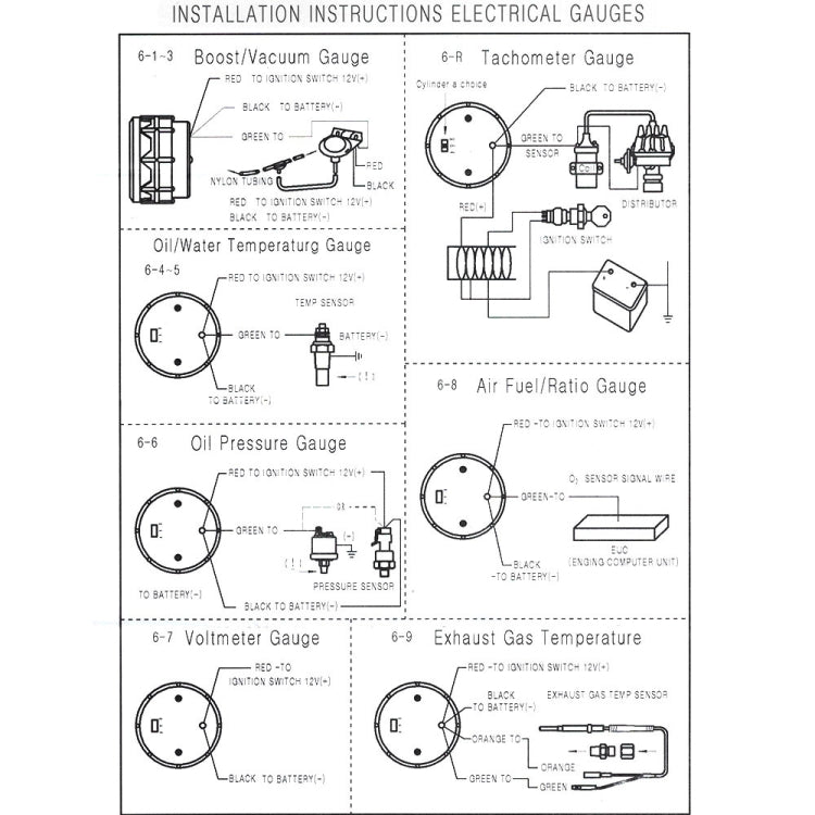 Installation instructions sheet for electrical gauges, including voltmeter gauge wiring diagram