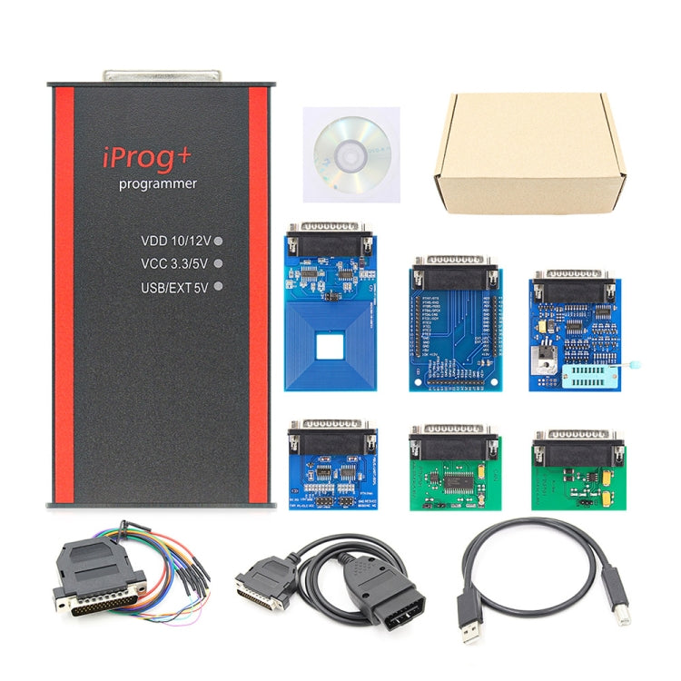 Car key programmer tool with red trim, iProg+ label and VDD/USBEXT specs