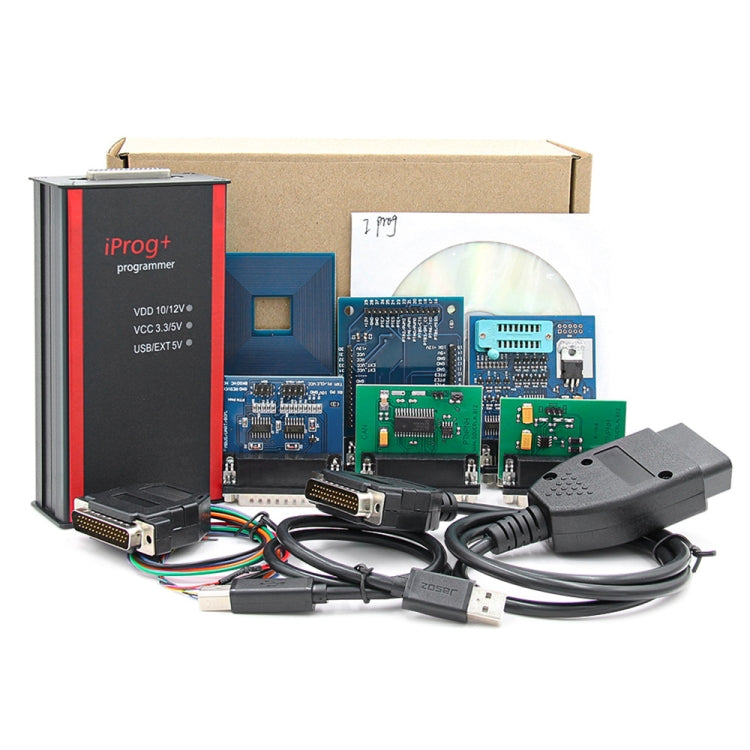 Car key programmer kit with main unit, mini PCBs, and multiple cable leads