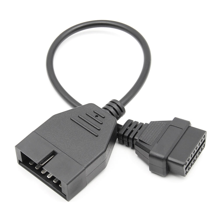 OBD2 conversion cable with 12-pin and 16-pin connector ends, black.