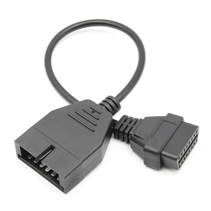 OBD2 conversion cable with 12-pin and 16-pin connector ends, black.