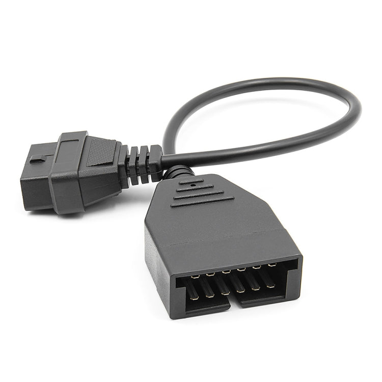 OBD2 conversion cable showing 16-pin OBD end and GM 12-pin plug, black.