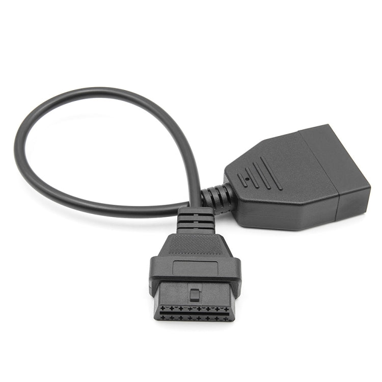 OBD2 conversion cable with compact 12-to-16 pin adapters and cable, black.