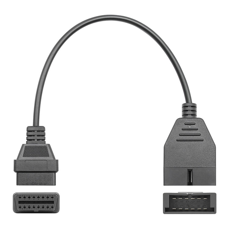OBD2 adapter cable with two connector ends, 12-pin and 16-pin, black.