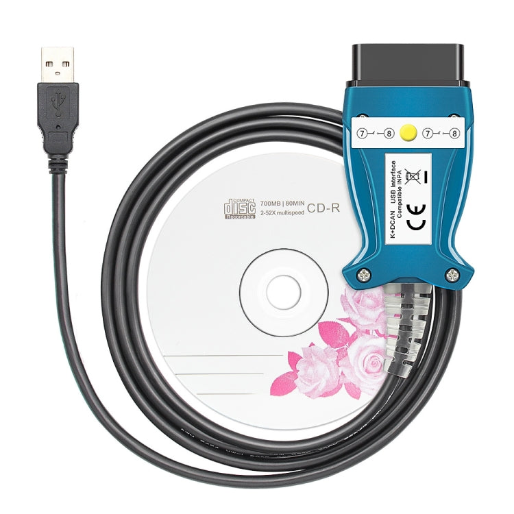 Blue OBD diagnostic device with USB cable and CD-R media disc