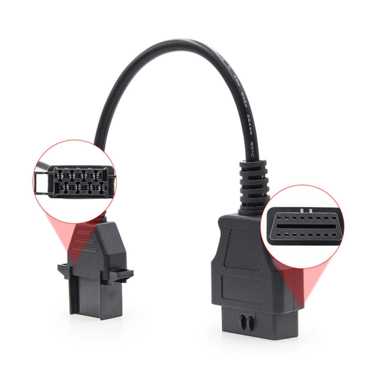 OBD2 conversion cable with highlighted 8-pin and 16-pin connector ends