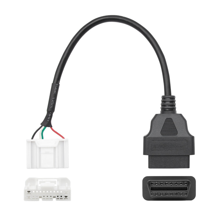 OBD2 adapter cable showing black OBD plug with white wiring harness connectors