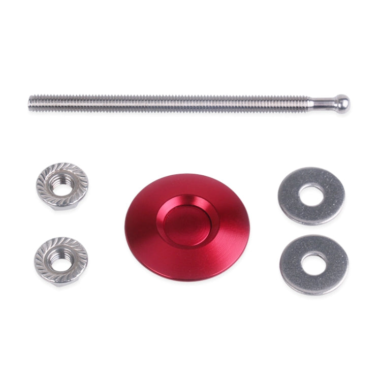 Red push-button hood pin cap with stainless bolt, washers, and lock clip set