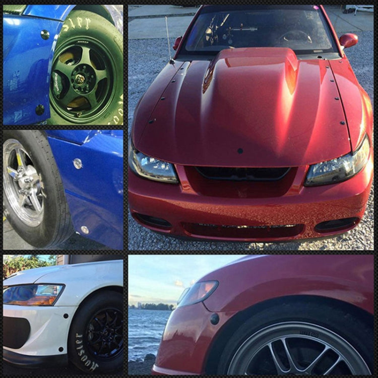 Push-button hood pins on car hoods shown from front and wheel-area angles