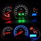 Car instrument cluster with red, green, and blue LED backlight glow