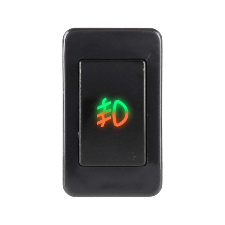 Car fog light on-off switch with illuminated green light icon on black panel