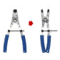 Brake piston removal pliers with blue handle grips, adjustable screw, and jaw tips