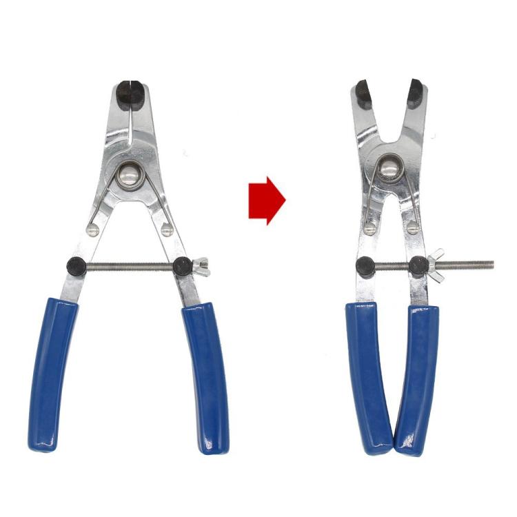 Brake piston removal pliers with blue handle grips, adjustable screw, and jaw tips