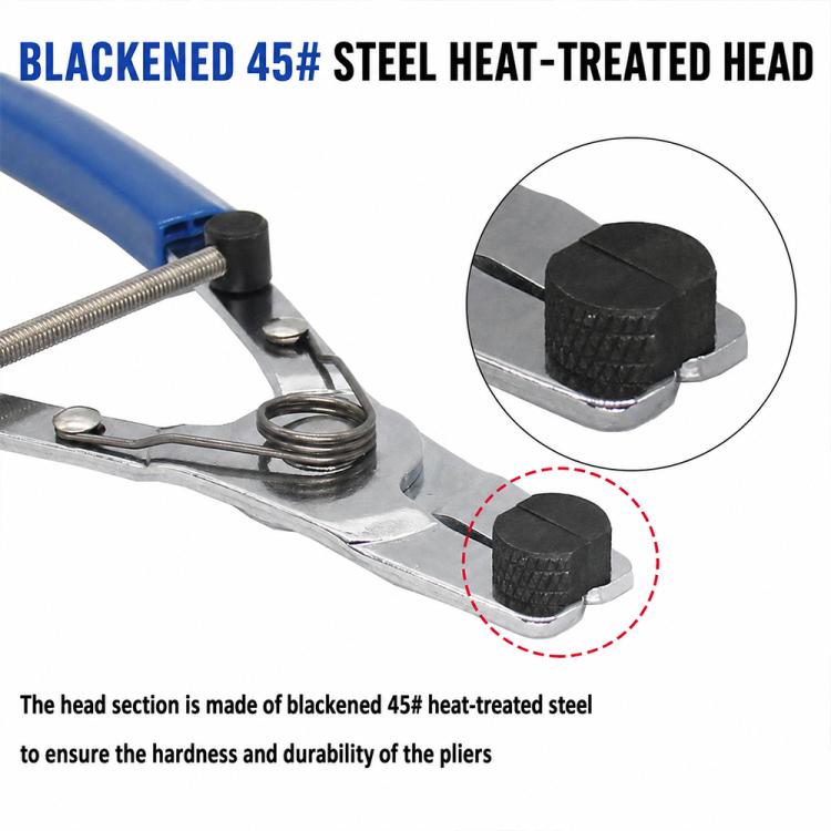 Brake piston removal pliers with blackened steel head and blue handles