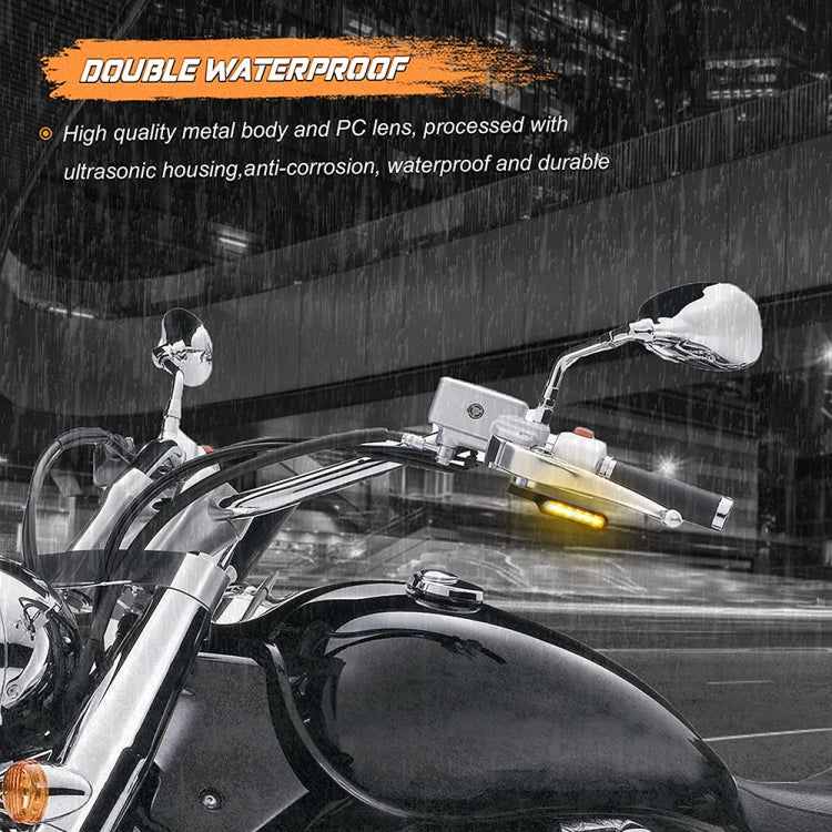 Motorcycle handlebar LED turn signal lights flashing yellow for vehicle direction