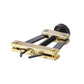 Side view of roller chain tensioner tool with gold base, threaded screw, and roller wheel
