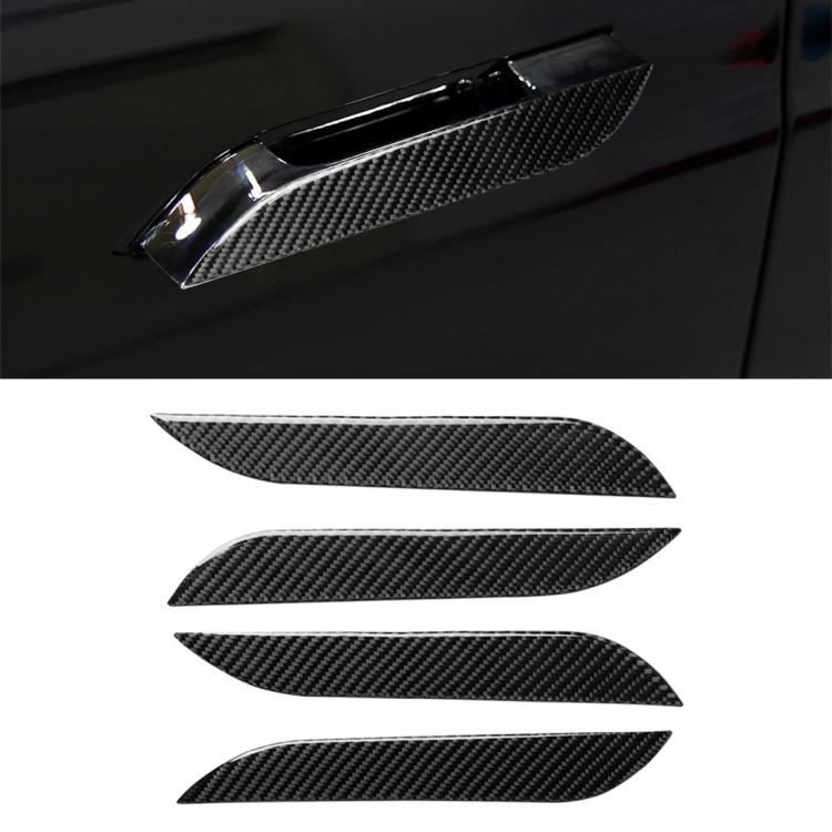 Carbon fiber-look outside door handle sticker, four-piece chevron cover on dark car.