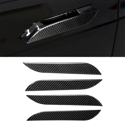Carbon fiber-look outside door handle sticker, four-piece chevron cover on dark car.