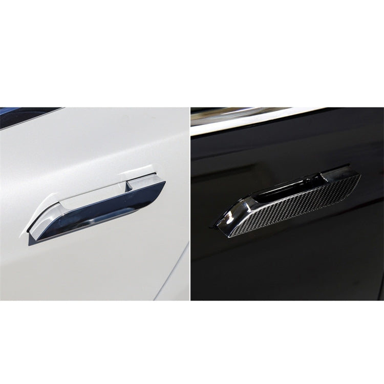 Outside handle stickers shown on light and dark cars; carbon fiber-look chevron covers.