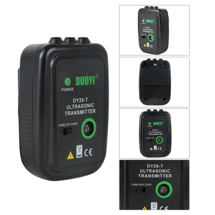 Black ultrasonic transmitter unit with green display controls and power switch