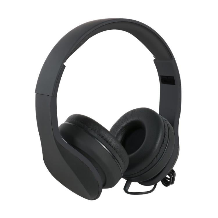 Black over-ear headphones with padded earcups and attached cable