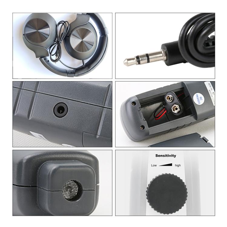 Gray leak detector details showing connector port, sensitivity dial, and sensitivity label area