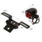 Black brake light with red round lens and dimension labels for mounting bracket