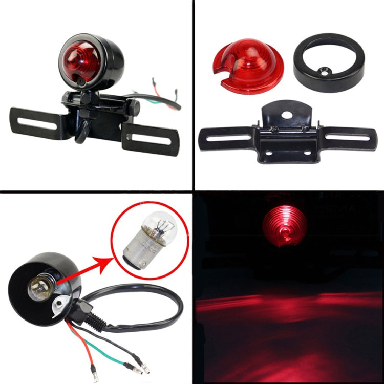Brake light kit with round lamp, mounting bracket parts, and wiring harness