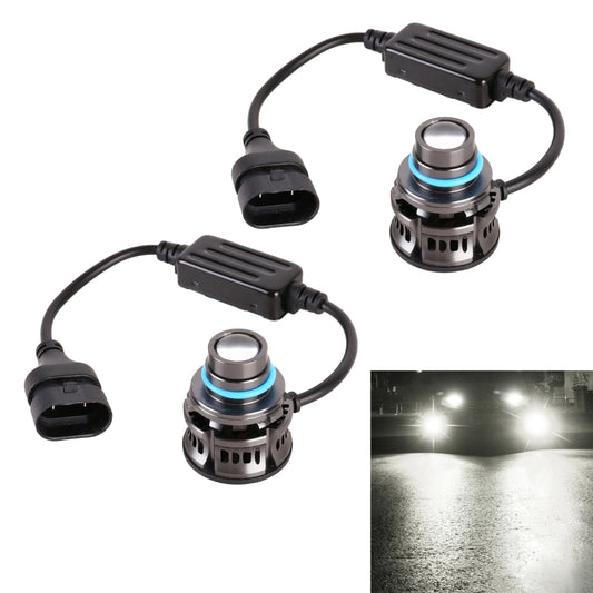 9005 LED headlight bulb set with black cables and mounting housing, two pieces