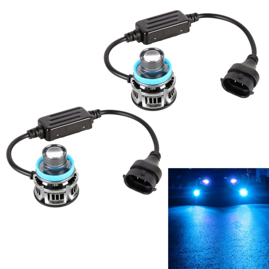 Pair of H11 LED headlight bulbs with blue accent ring and wiring harness