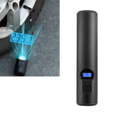 Black rechargeable portable air pump with digital pressure screen and control buttons