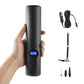 Black handheld air pump with digital screen, button cluster, and included nozzles