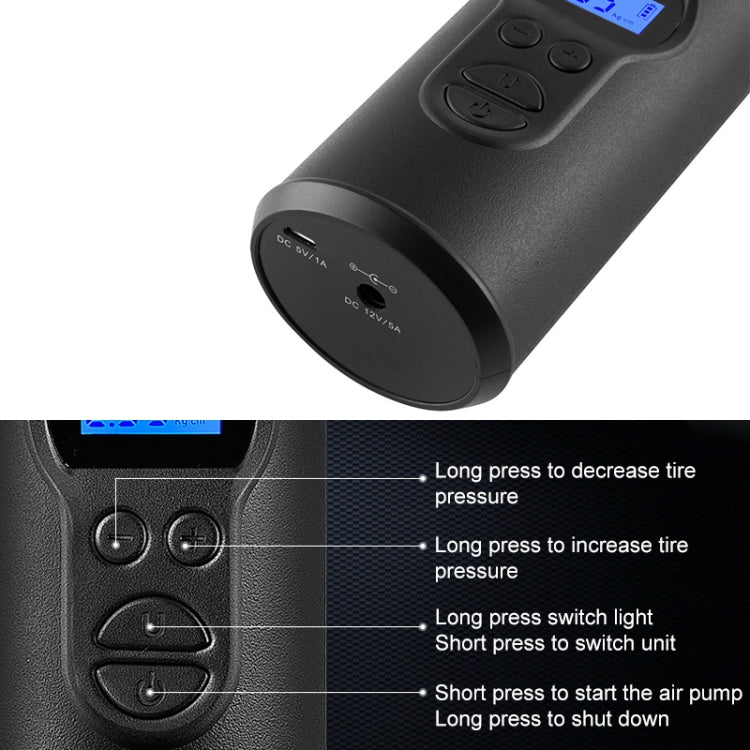 Black air pump nozzle end and base with DC port and button icons