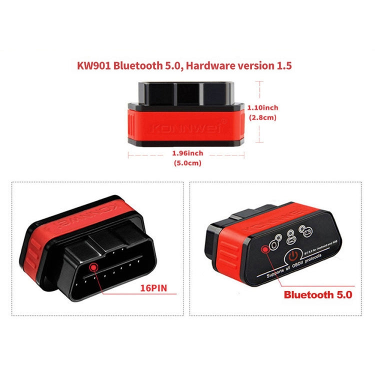 OBD2 Bluetooth 5.0 scanner with 16-pin connector, hardware version shown