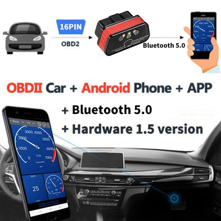 OBD2 Bluetooth 5.0 car diagnostic scanner connecting to an Android phone