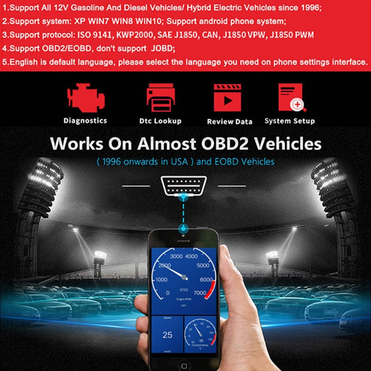 Smartphone displaying diagnostic gauges with OBD2 Bluetooth scanner