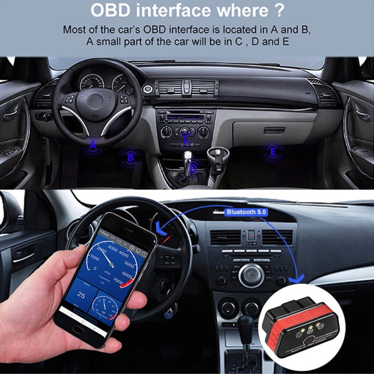 OBD2 Bluetooth 5.0 scanner in-car setup with phone app screen