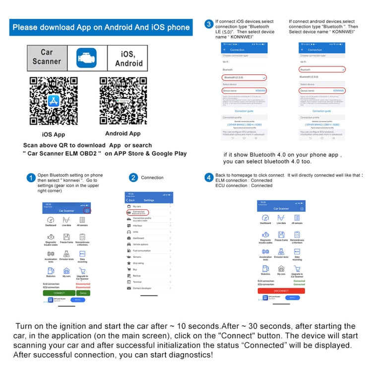 Instructions showing how to download and connect the OBD2 Bluetooth app