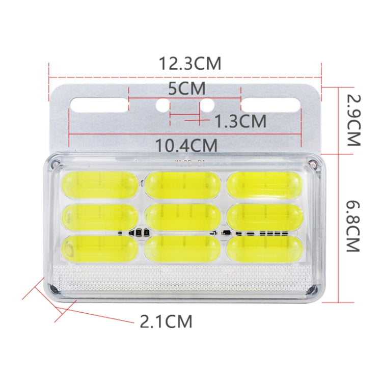 Yellow LED side marker light with size diagram and rectangular mounting bracket