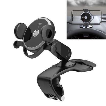 Car dashboard mobile phone holder with adjustable clamp and circular phone mount