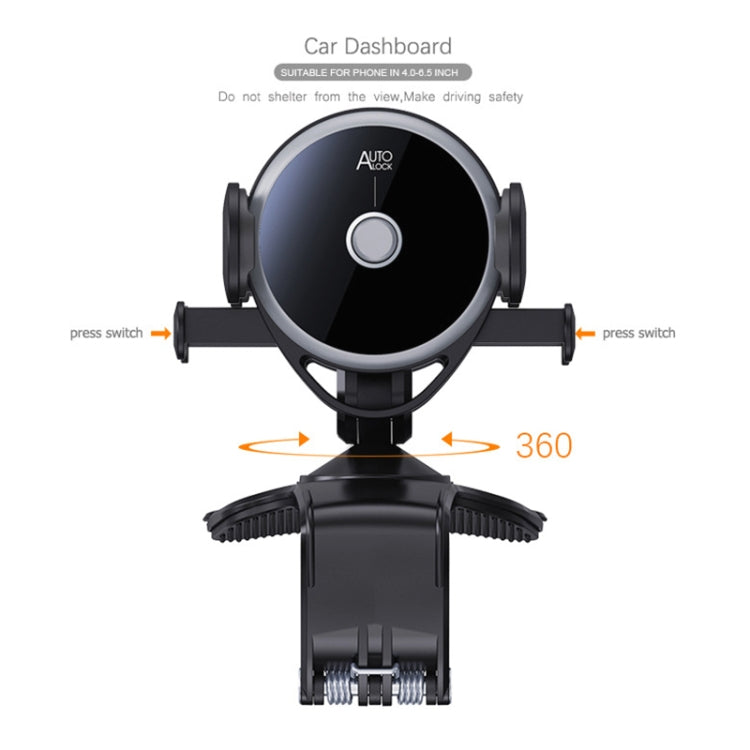 Car dashboard phone holder with 360-degree rotating circular mount and side grips
