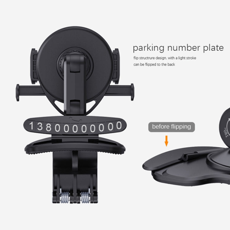 Car dashboard phone holder with flip parking number plate and retractable base