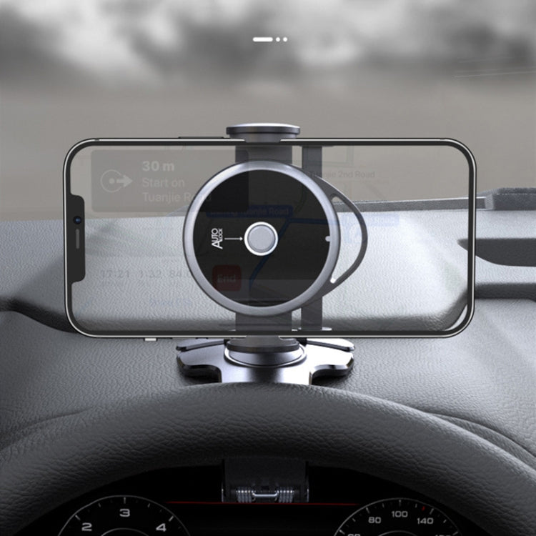 Car dashboard phone holder with circular ring mount secured on the dashboard